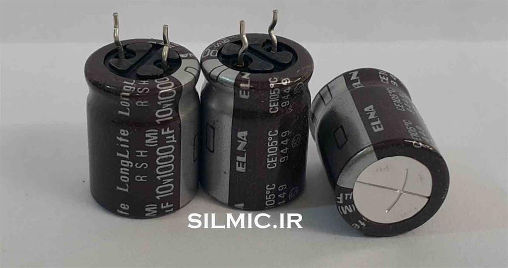 خازن ۱۰۰۰ میکرو فاراد ۱۰ ولت الکترولیتی سری long life ساخت ELNA